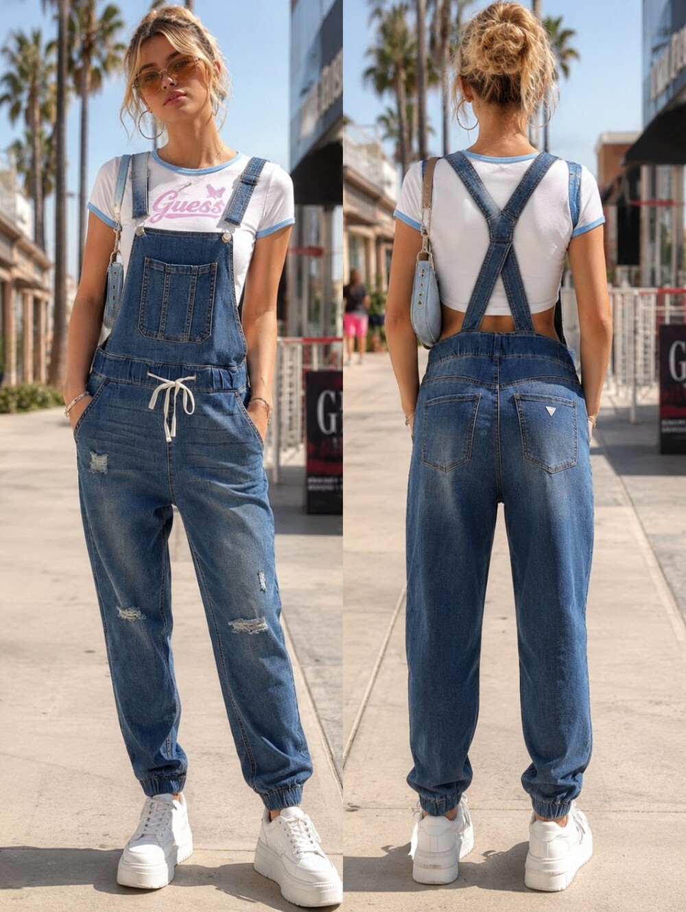Vintage GUESS Denim Overalls Sz S Distressed Jogger Drawstring Bib Y2K Grunge 90